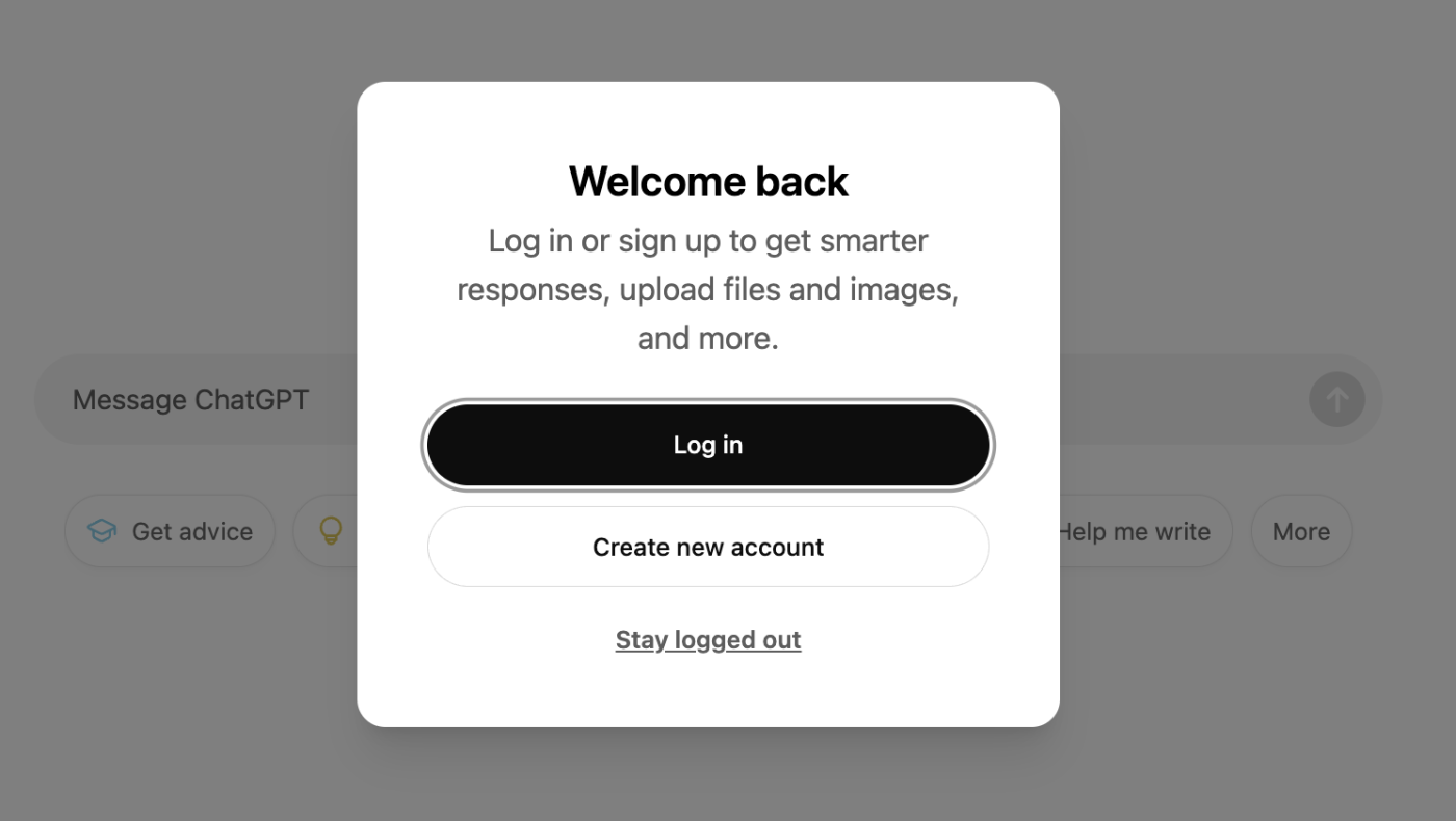 Popup on the ChatGPT homepage with options to log in or create a new account. 