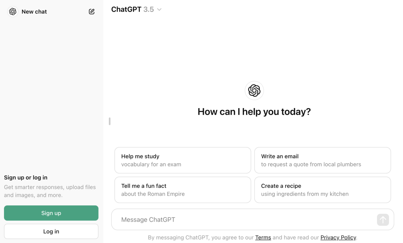 ChatGPT homepage with options to sign up or log in in the side panel. 