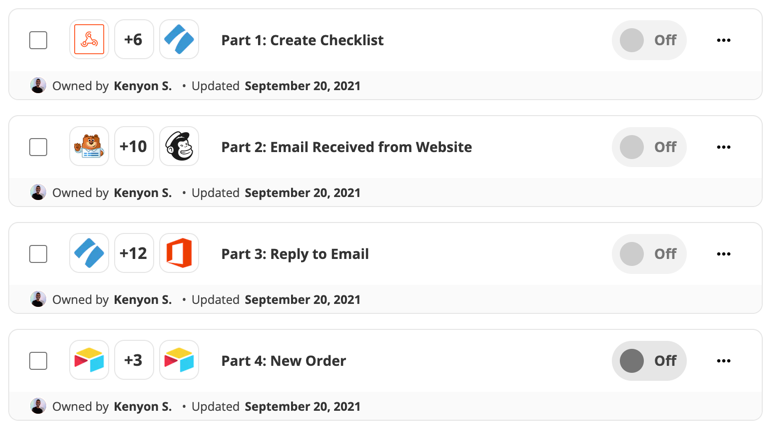 A screenshot of a set of multi-step Zaps in Kenyon's account.
