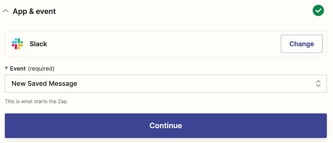 A trigger step in the Zap editor with Slack selected for the trigger app and New Saved Message selected for the trigger event.