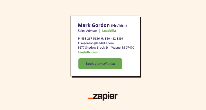 Image of a sales-oriented email signature example, including the person's name, pronouns, title, company name, email address, phone numbers, email address, physical address, and website, followed by a green button that says "book a consultation" 