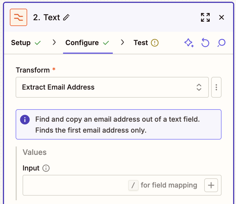 A screenshot of a window in the Zap editor with the Transform field set to Extract Email Address and no value chosen in the Input field.