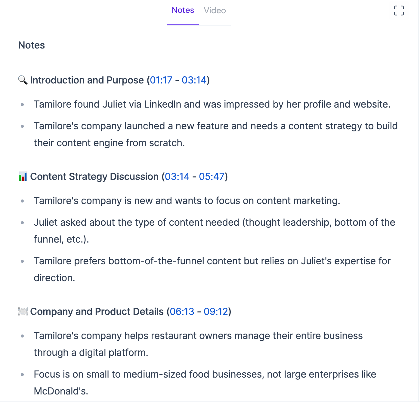 An AI-powered summary in Fireflies outlining a call about a content strategy project with headings and bullet points