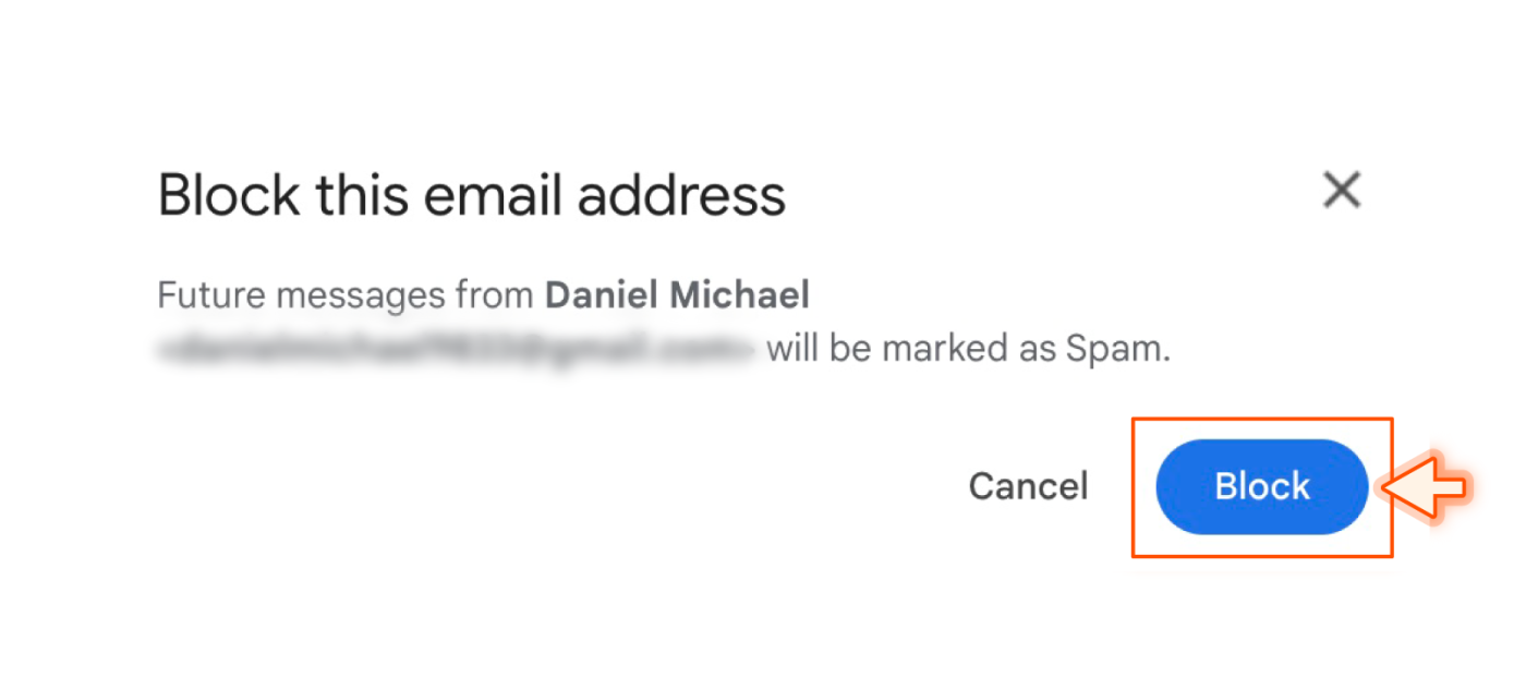 How to confirm you want to block an email in Gmail on a desktop.