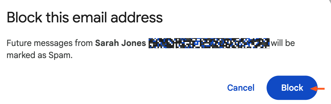 How to confirm you want to block an email in Gmail on a desktop.