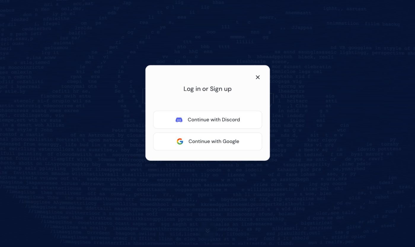 The log in or sign up screen on Midjourney