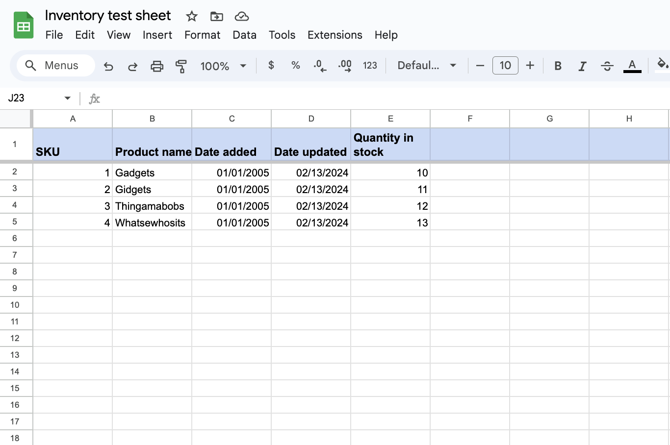 A Google Sheets spreadsheet titled Inventory sheet with the tab Stock sheet highlighted with an orange box around it