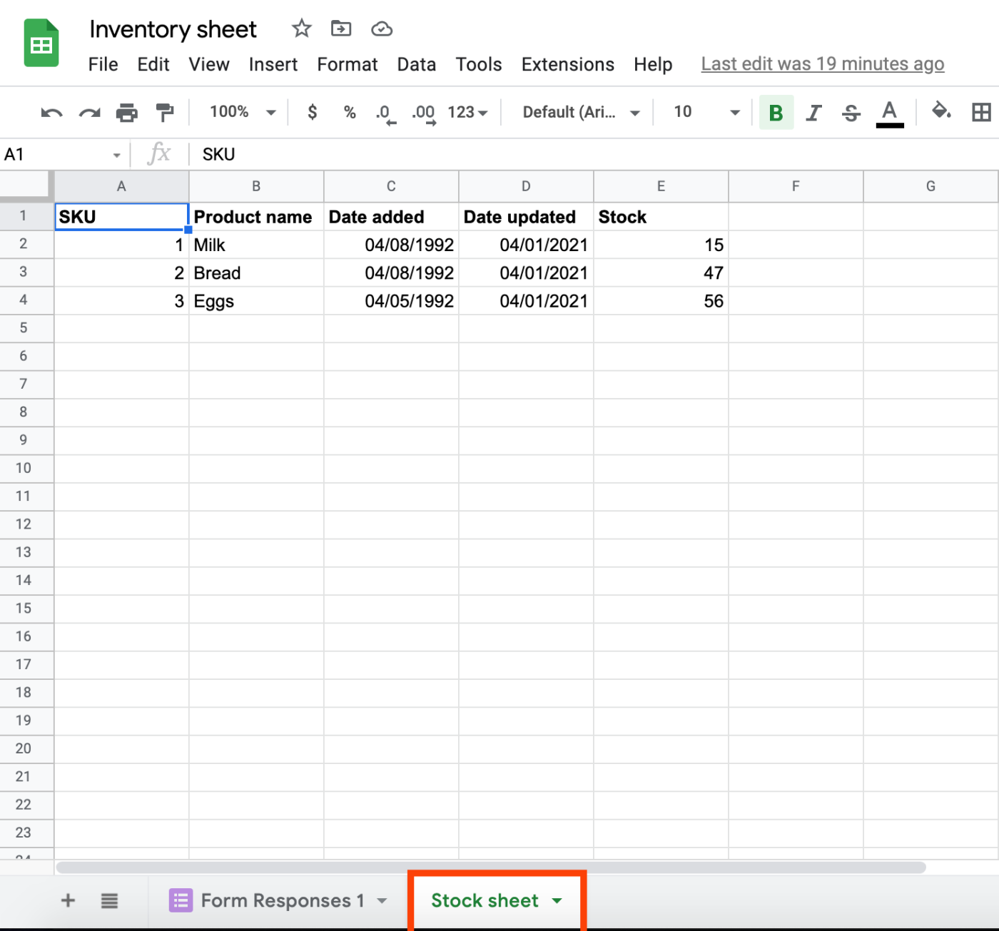 A Google Sheets spreadsheet titled Inventory sheet with the tab Stock sheet highlighted with an orange box around it