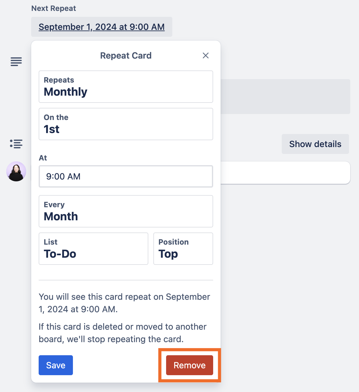 Trello card with the repeat card settings visible. The option to remove the card repeat is highlighted.