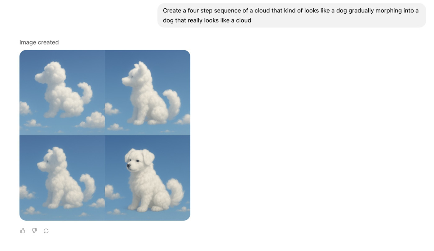 ChatGPT creating four clouds become more and more dog-like