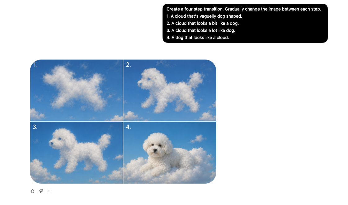 ChatGPT creating four clouds become more and more dog-like