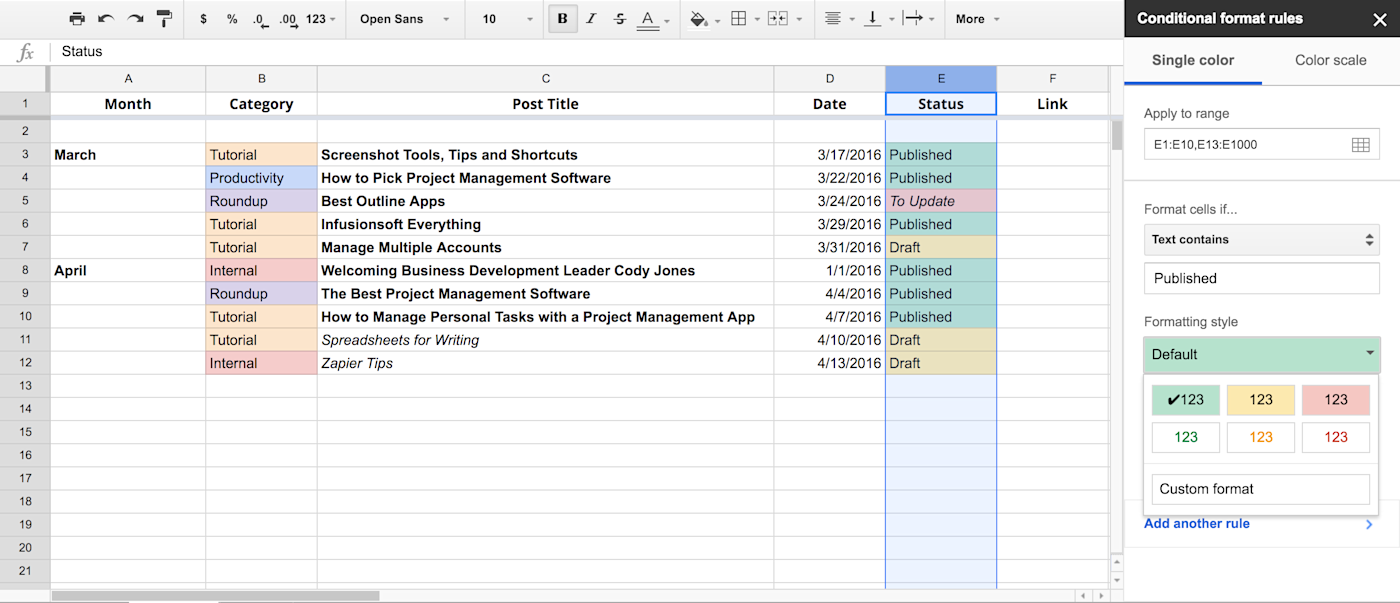 Google Sheets Editorial Calendar