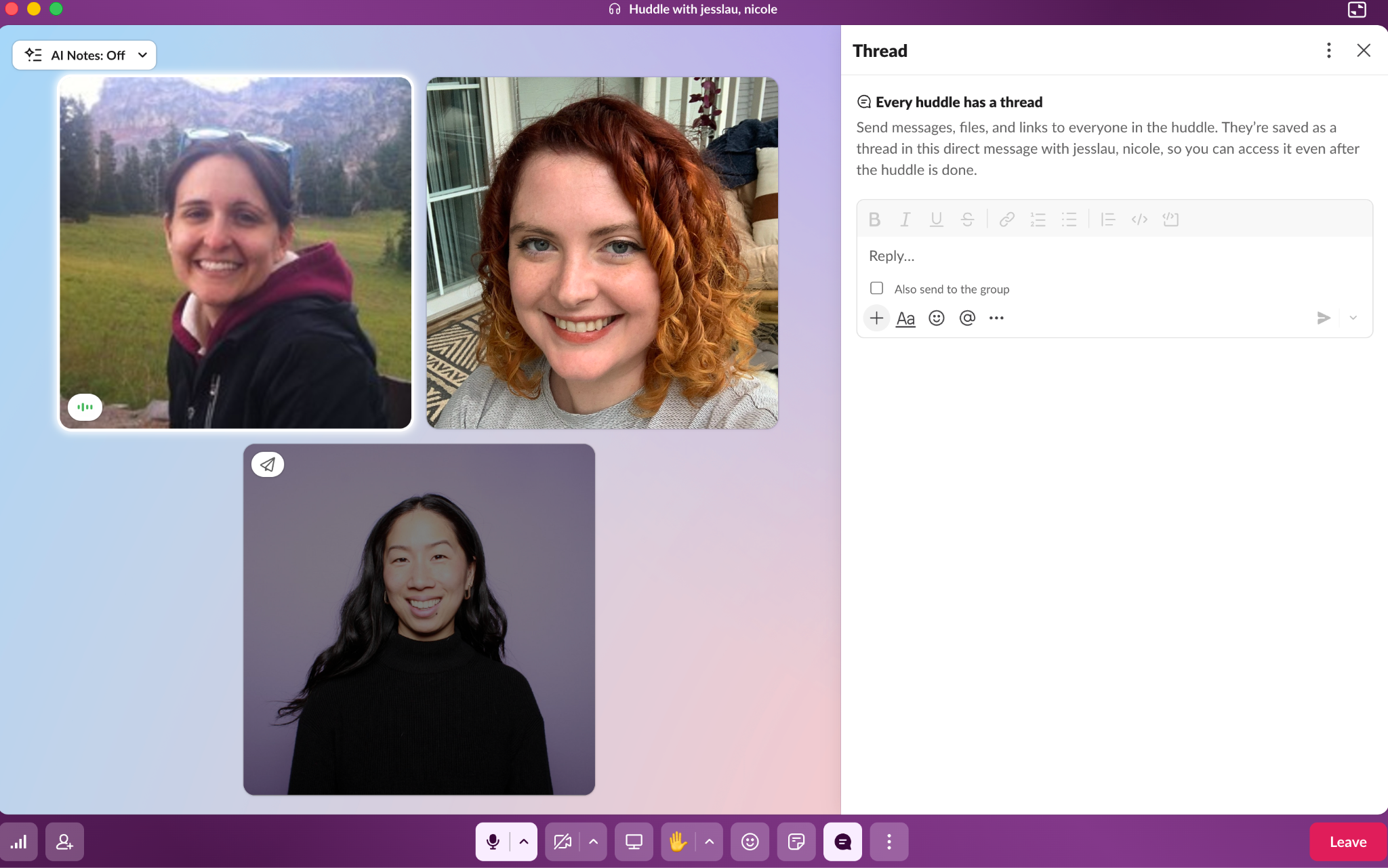 Slack huddle with three people on video