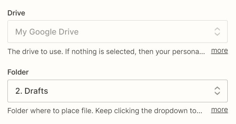 Drive and Folder fields in the Zap editor with Google Drive details selected in each field.