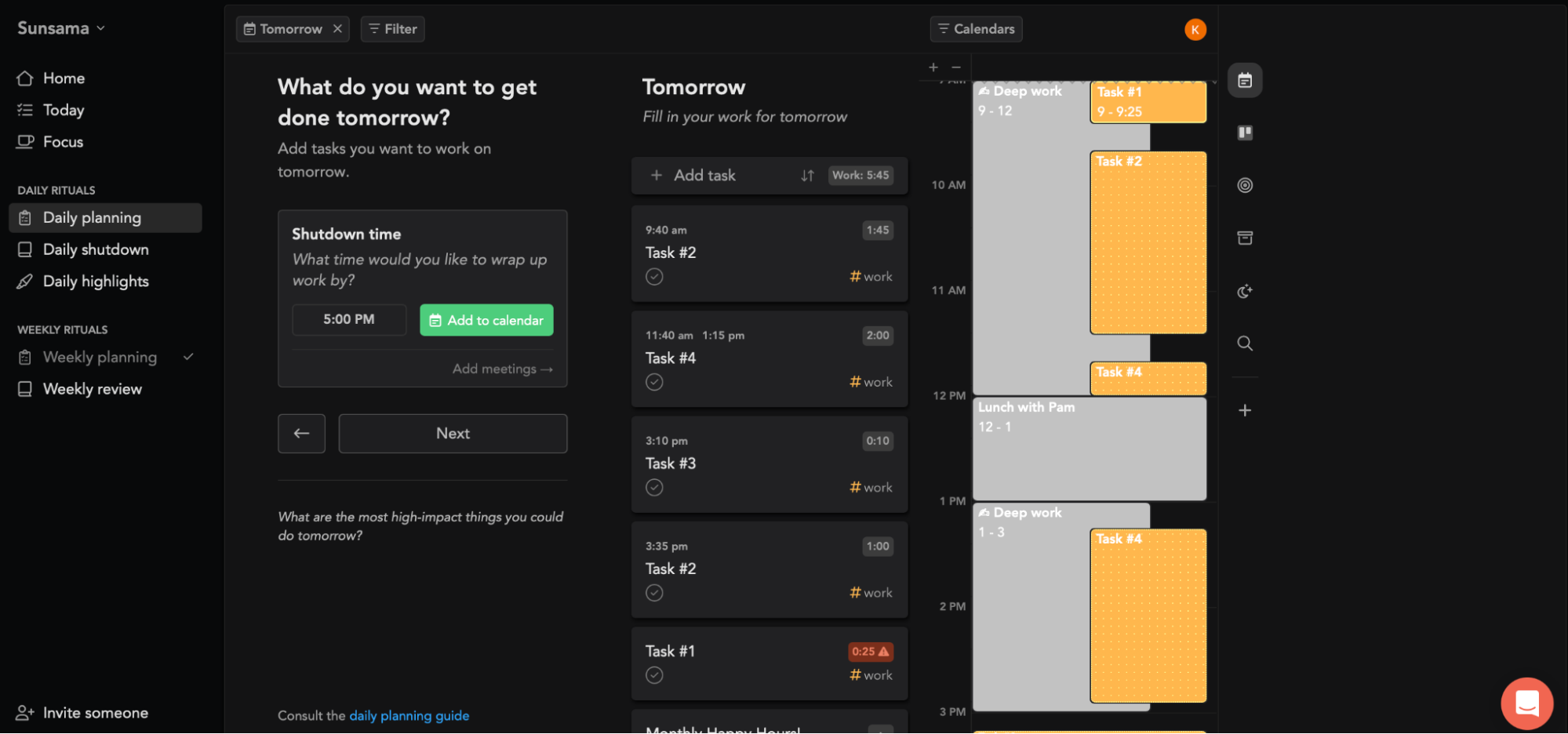 Sunsama, our pick for the best productivity app for time blocking.