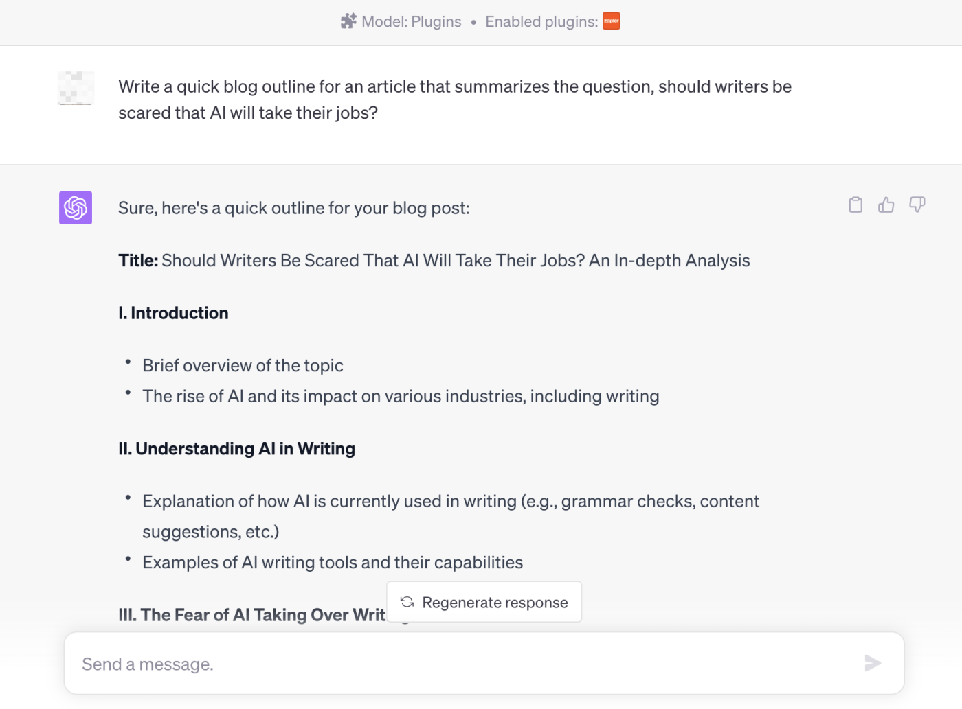 Using Zapier's ChatGPT plugin to ask ChatGPT to create a blog outline.
