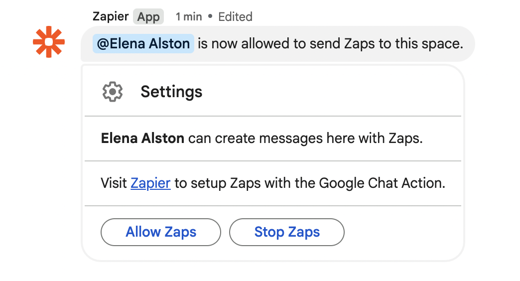 Screenshot of user permissions in Google Chat