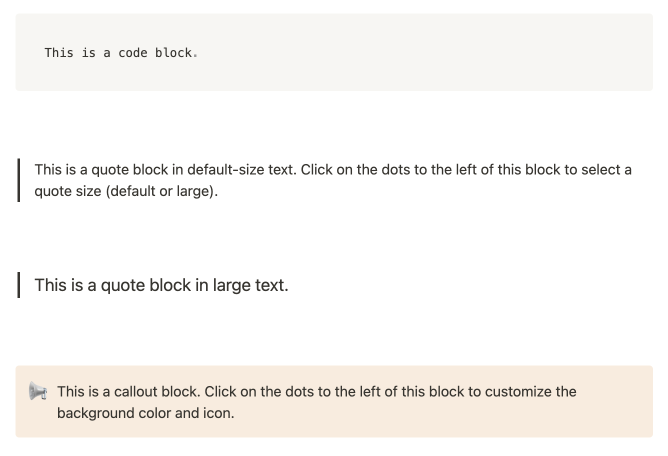 Examples of code, quote, and callout blocks in a Notion page.