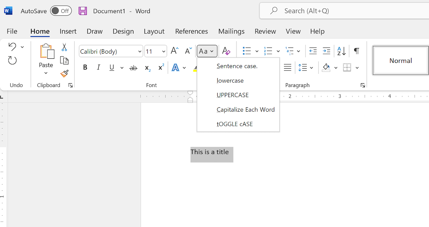 Word document with an expanded view of the change case menu.