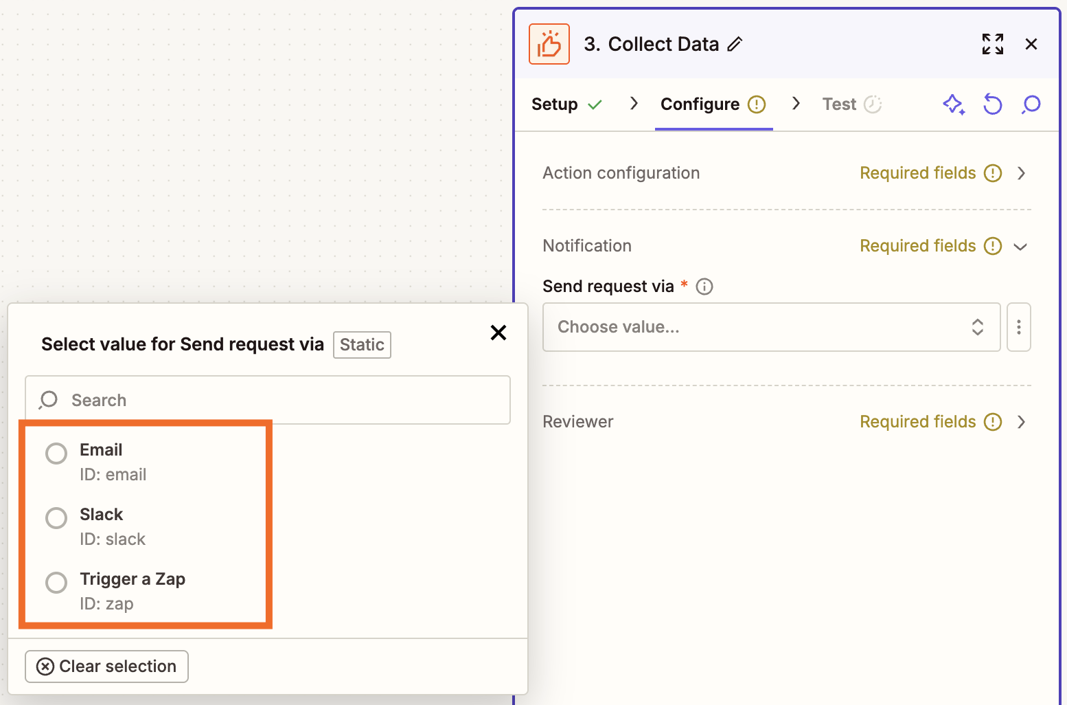 A window in the Zap editor with a modal that contains options for "Email," "Slack," or "Trigger a Zap"