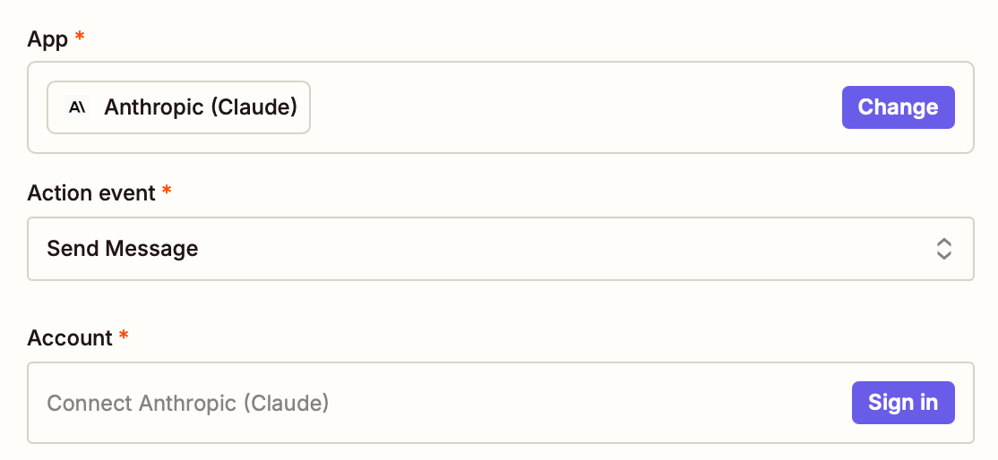 A window inside the Zap editor for selecting an app, action event, and account