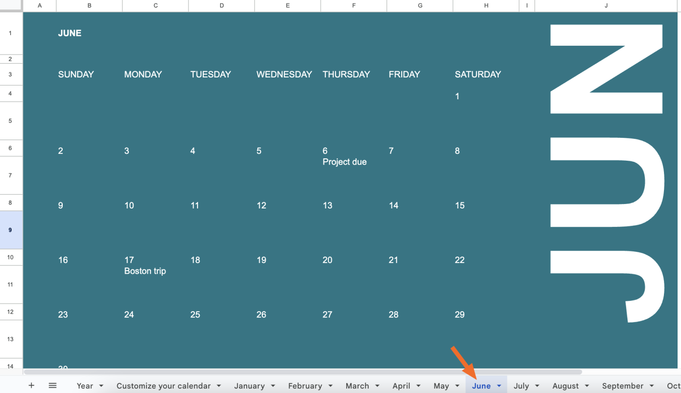 Screenshot showing how to select a month on a Google Sheets calendar template.
