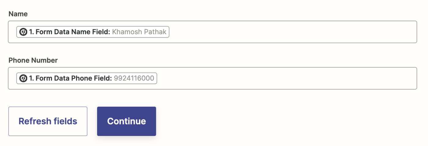 The Name and Phone Number fields in an action step with data mapped from Unbounce in each field.