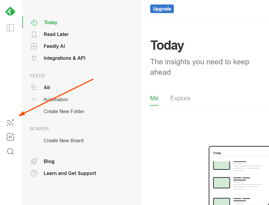 Feedly interface showing the left sidebar menu with an orange arrow pointing to the '+' icon for adding new feeds.