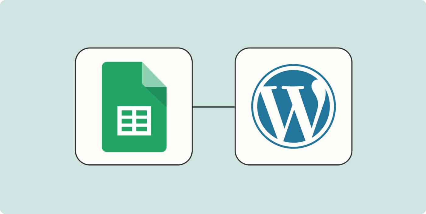 Hero image of the Google Sheets app logo connected to the WordPress app logo on a light blue background.