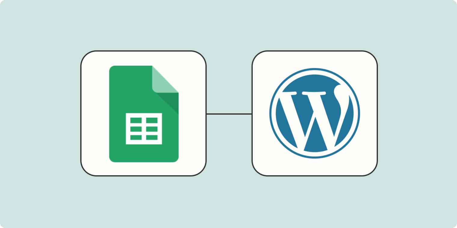 Hero image of the Google Sheets app logo connected to the WordPress app logo on a light blue background.