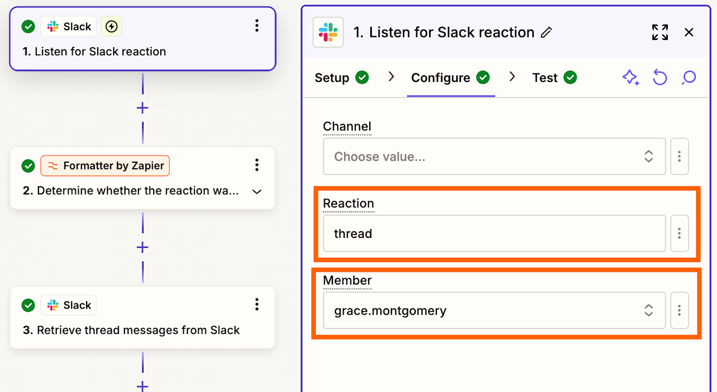 A Zap in the Zap editor with the first Slack trigger step shown open. Orange boxes are around the Reaction and Member fields.