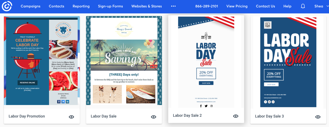 Screenshot of Labor Day templates from Constant Contact, one of our picks for best Mailchimp alternatives