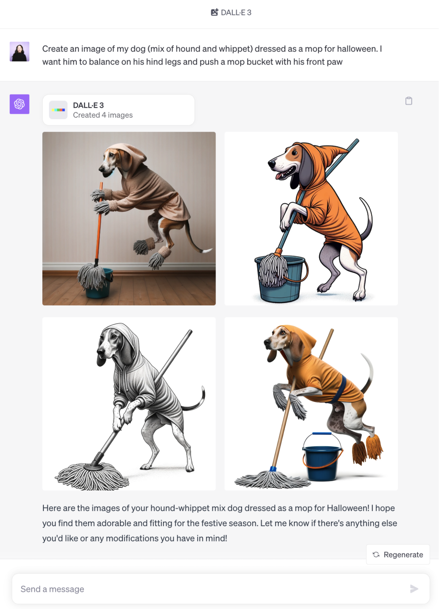 Example of a conversation in ChatGPT with four AI-generated images of a mop-dog pushing a mop bucket.