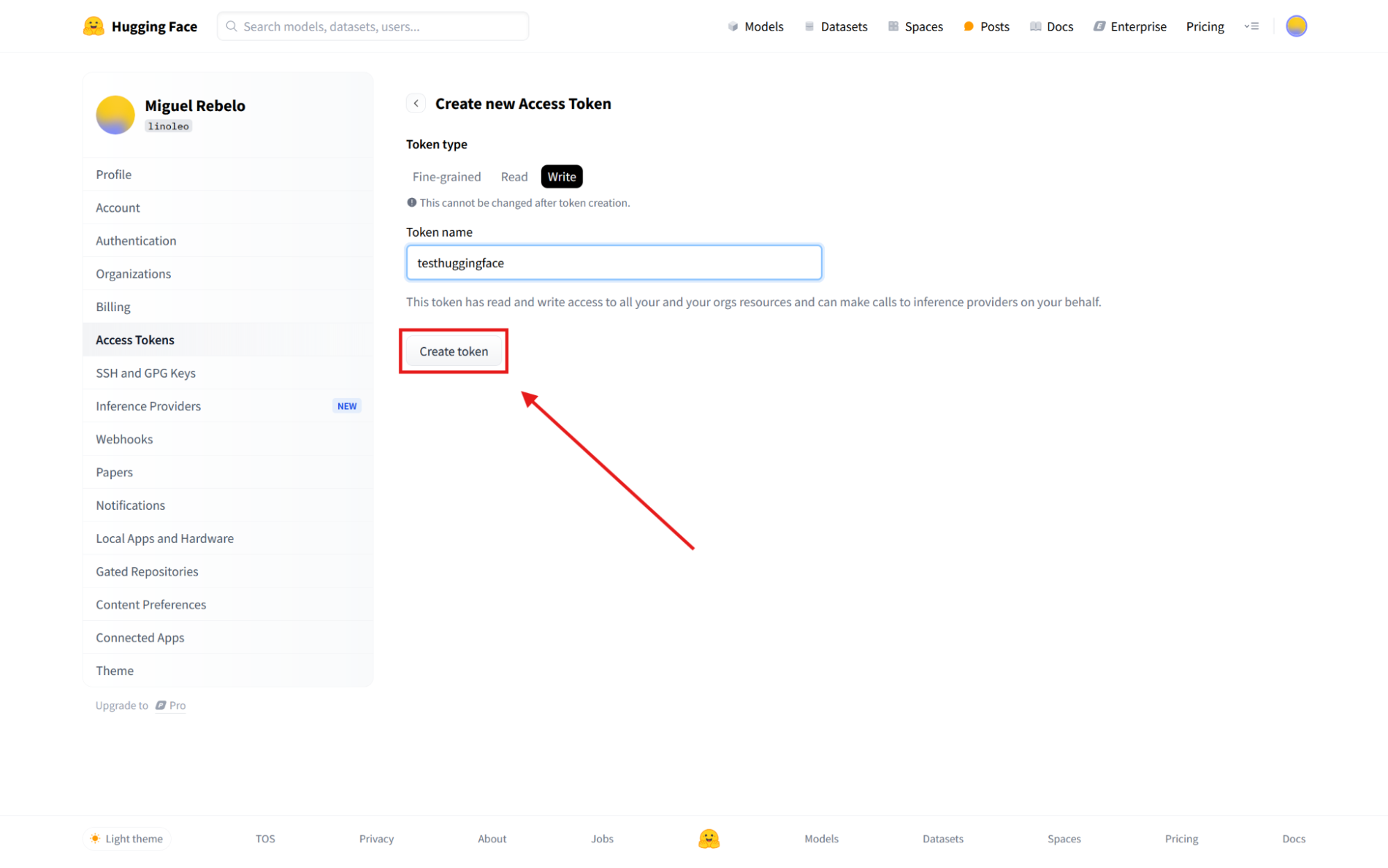 The Create token button in Hugging Face