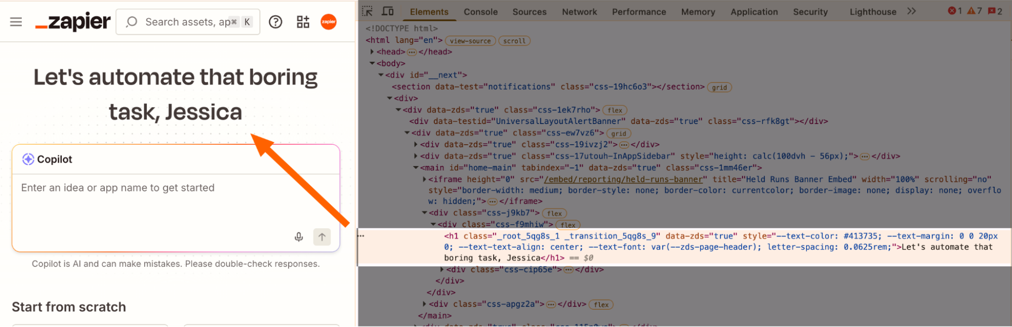 Side-by-side of a Chrome webpage and the DevTools pane. The headline on the webpage has been temporarily edited using Inspect Element.