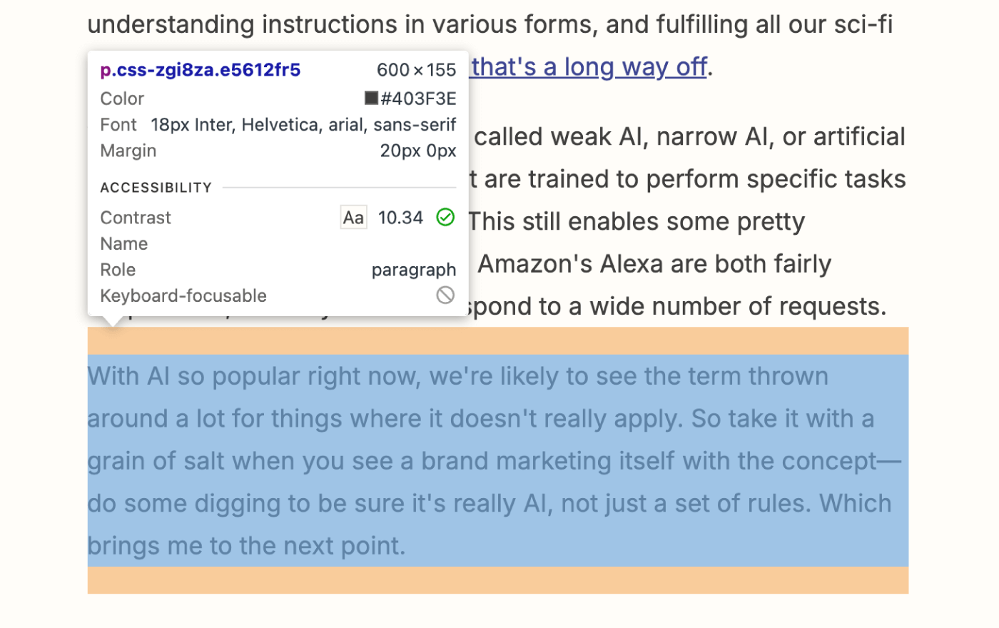 Screenshot of the writer highlighting text on the What is AI post