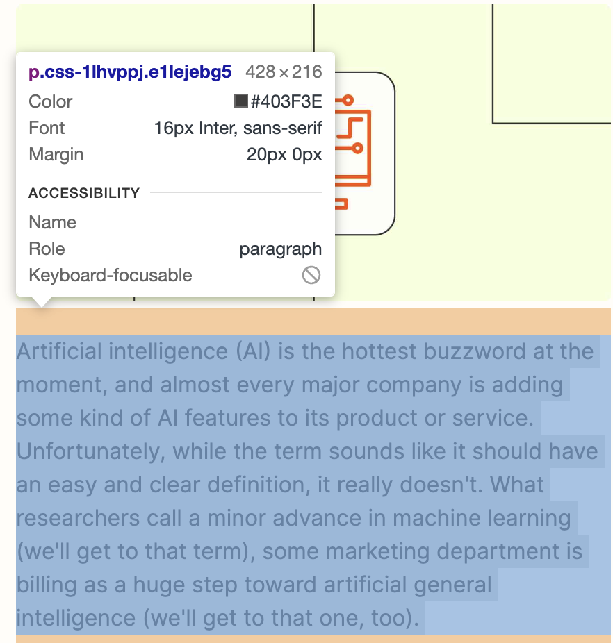 Screenshot of the writer highlighting text on the What is AI post