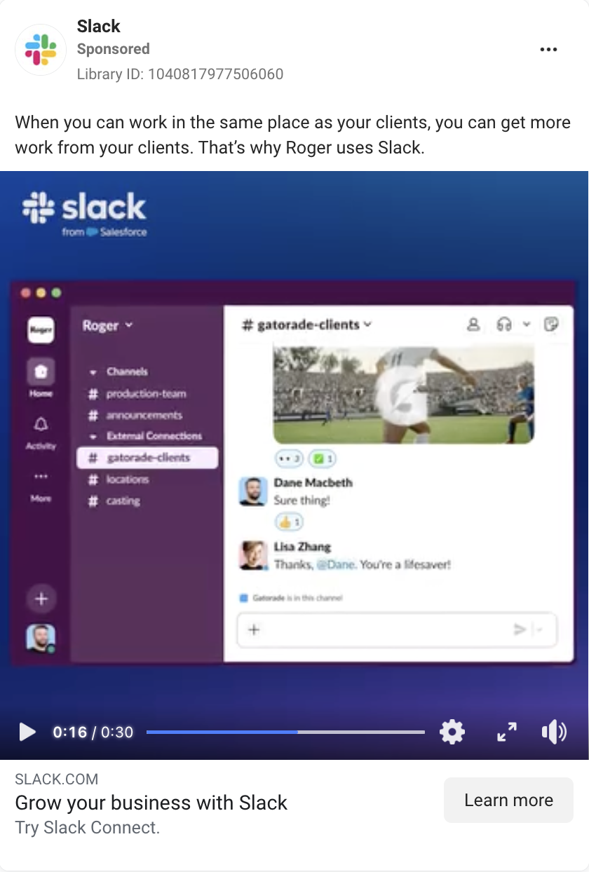 Storytelling video Facebook ad example from Slack. 