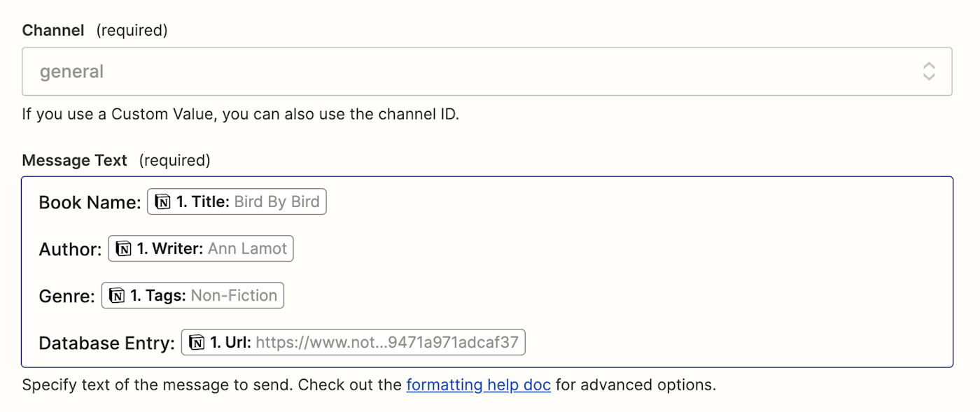 In the Slack Message Text field, details about the book Bird By Bird by author Ann Lamot have been added, with data points added from the Notion trigger step.