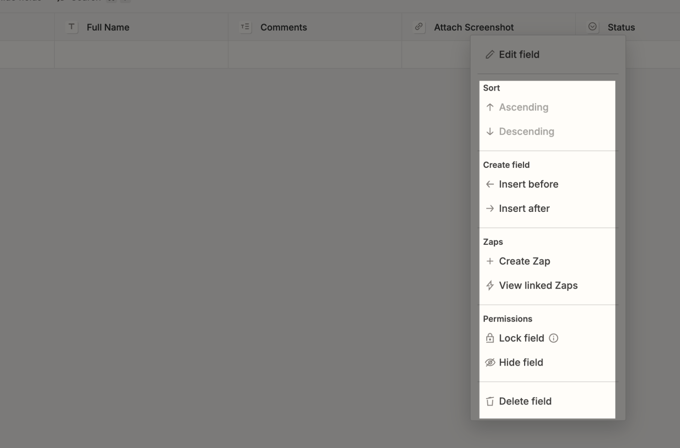 Screenshot of edit field options