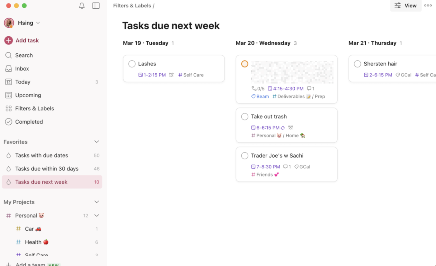 A Favorites list in the sidebar of Todoist