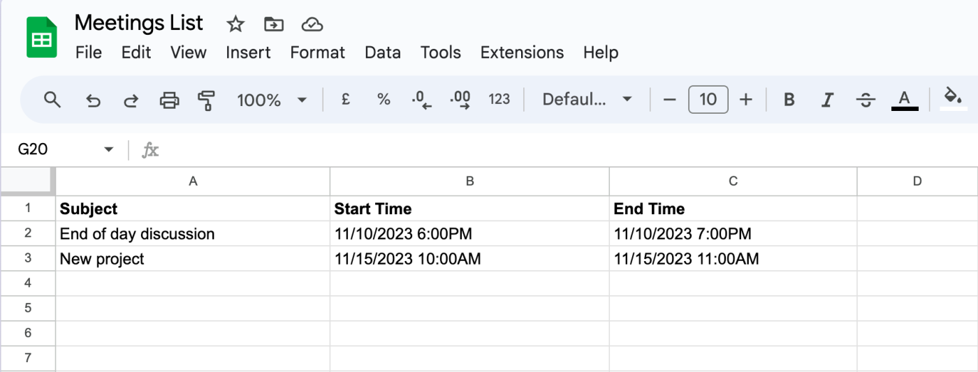 A Google Sheet with columns for event details with two events listed.