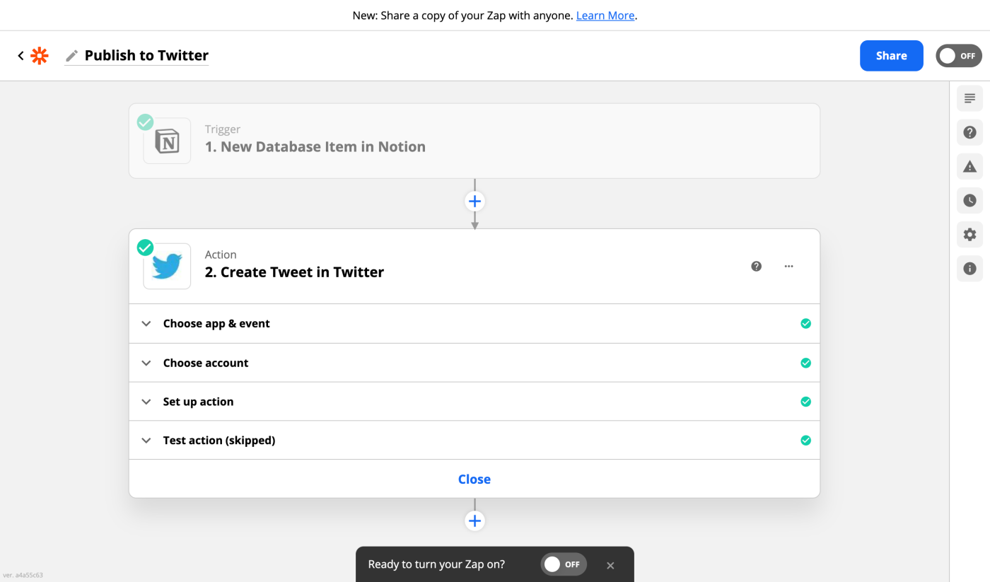 A screenshot of the Zapier editor as you set up a Tweet from Notion.