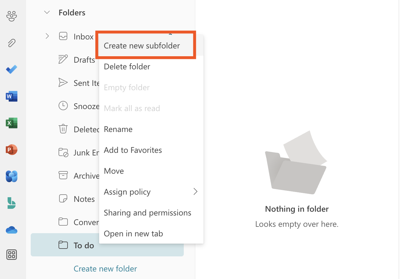 Expanded view of Microsoft Outlook folders. There's a "To do" folder dropdown menu with the option "Create new subfolder" highlighted.