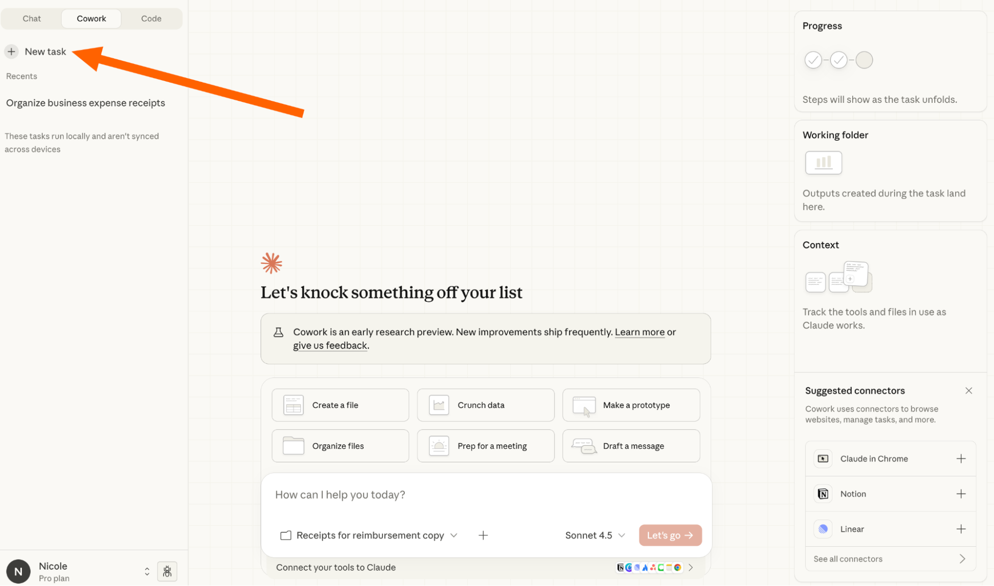 Clicking New task in Claude Cowork