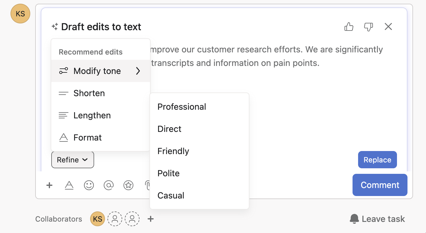 Message draft in Asana with an expanded view of Asana AI smart editor options. 