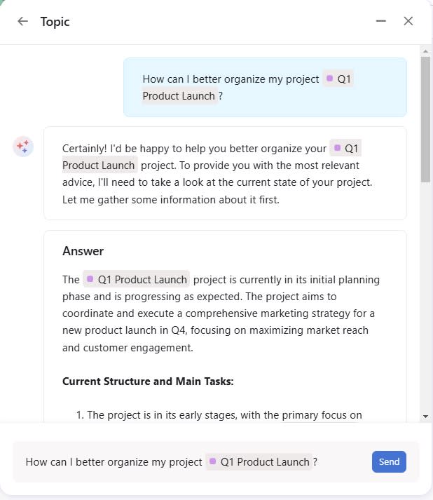 Asana AI answering questions about a project