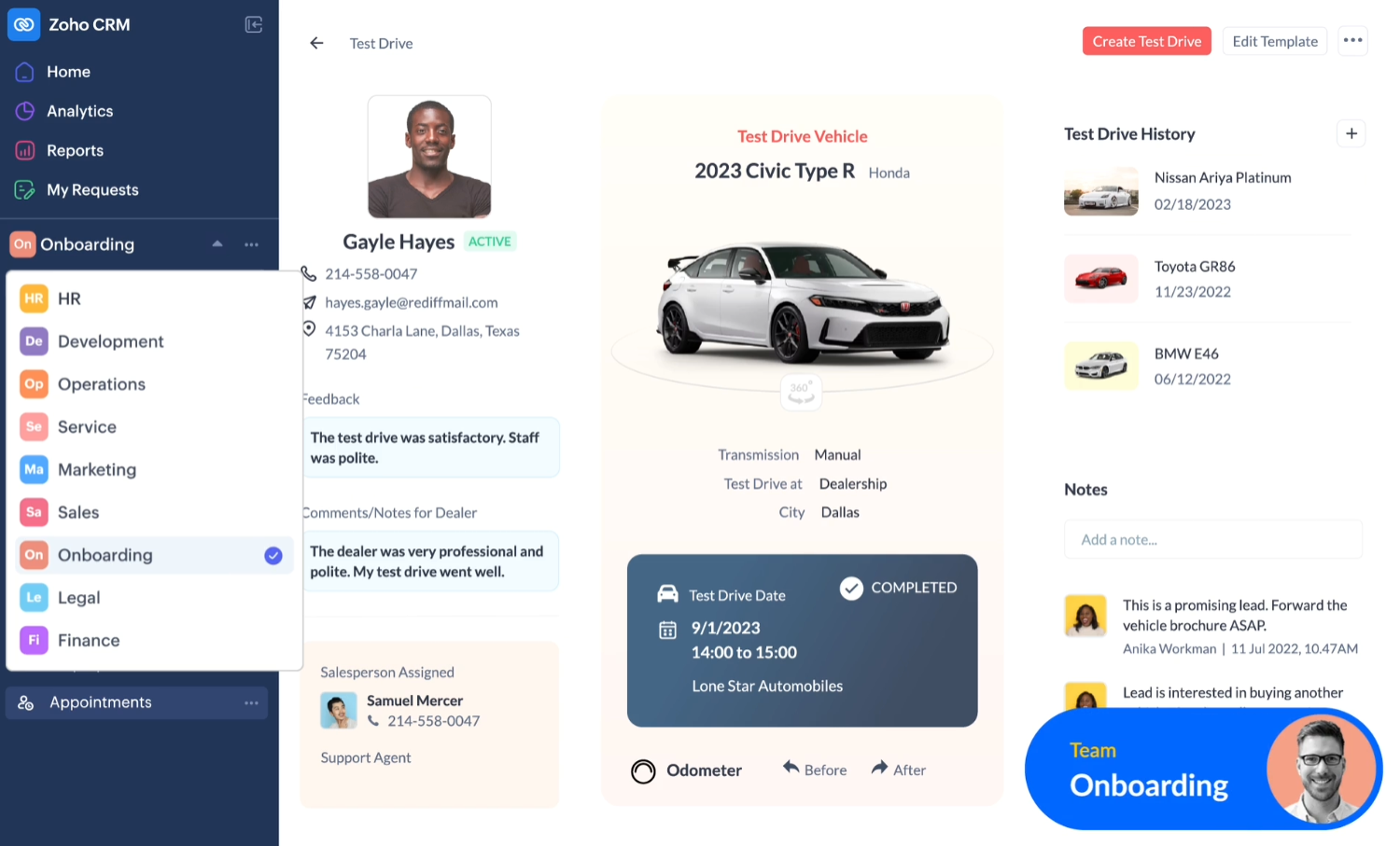 Zoho CRM for everyone, with different departments listed