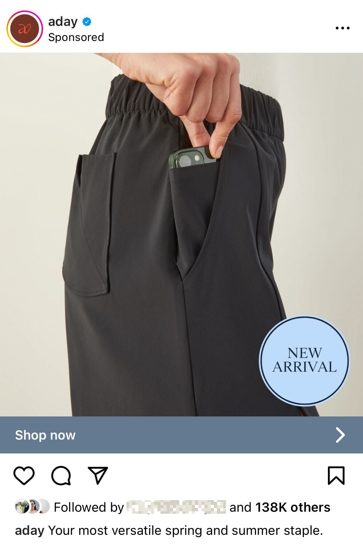 A social media advertising example from Aday: a picture of a woman putting a phone in her pocket.