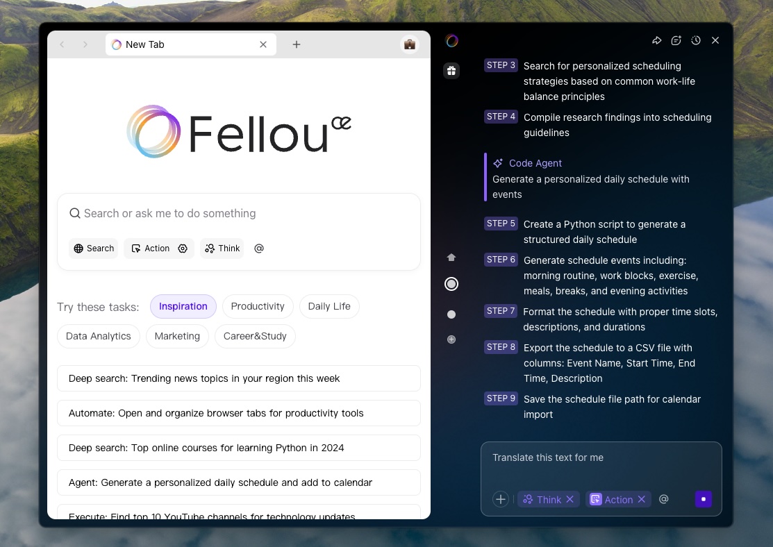 Fellou, our pick for the best AI browser for business owners